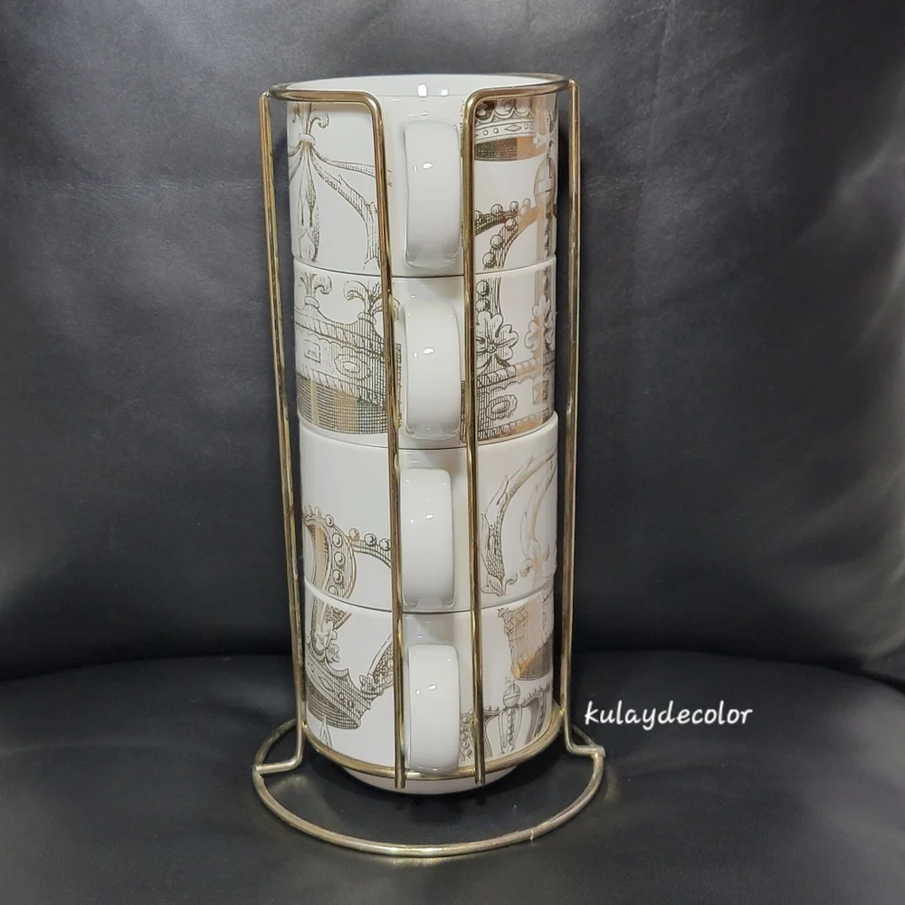 Pier 1 Imports Gold Crown Print Stacking Mugs Set w/ Gold Metal Rack Coffee Cups